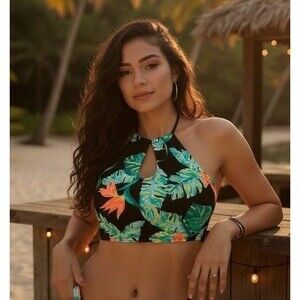 ROXY MULTICOLOR TROPICAL PRINT HALTER BEACH POOL PADDED BIKINI BRA TOP SIZE: L